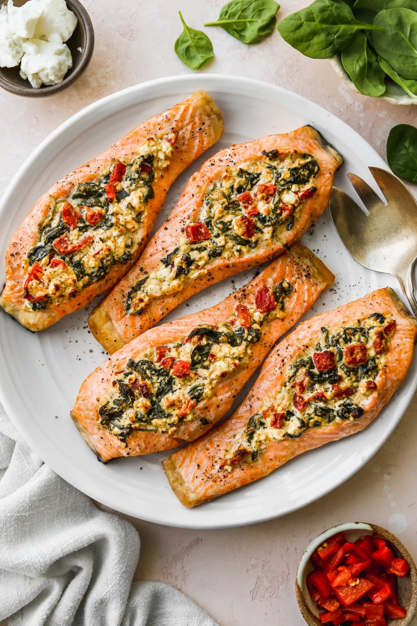 Stuffed Salmon With Spinach, Feta, and Roasted Red Peppers