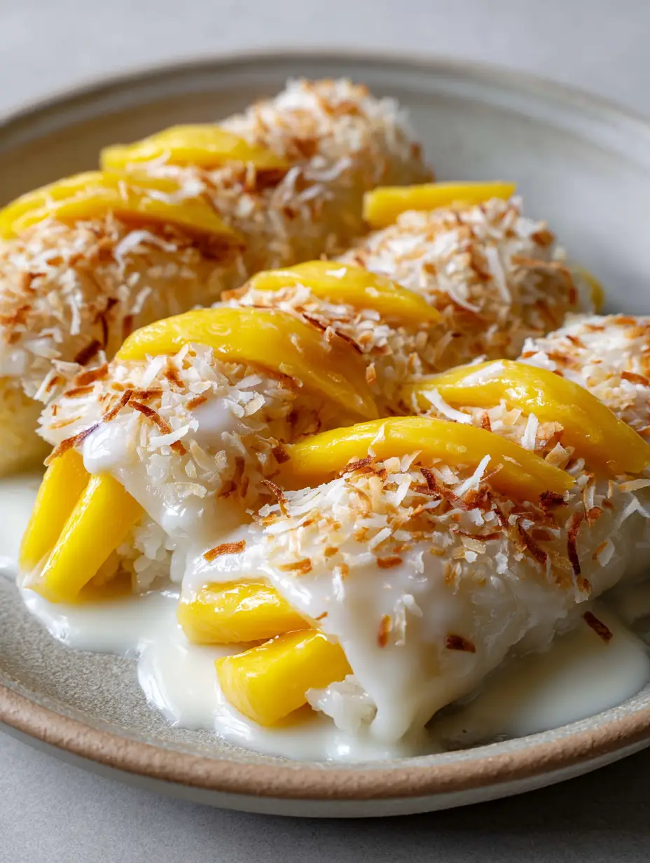 Mango Sticky Rice Rolls with Toasted Coconut and Coconut Drizzle