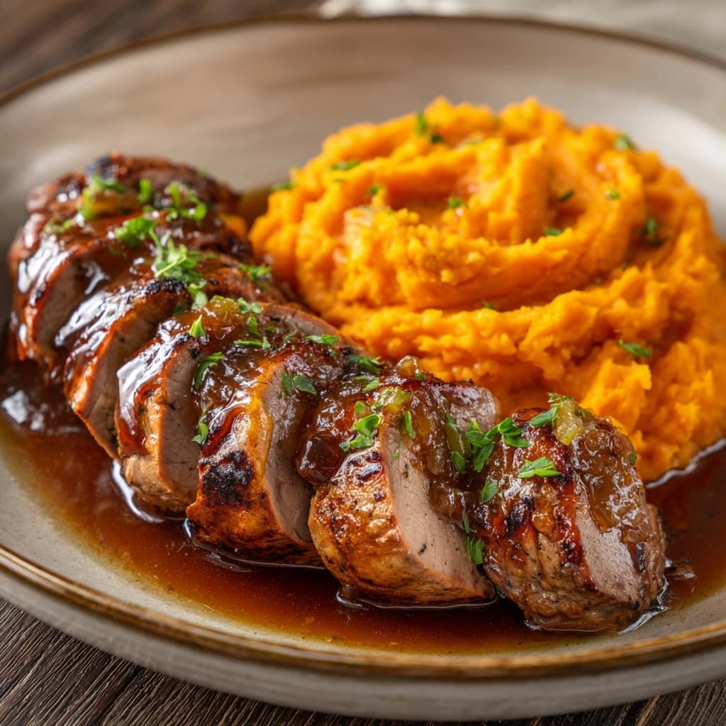 Pork Tenderloin with Apple Cider Glaze and Creamy Sweet Potato Mash