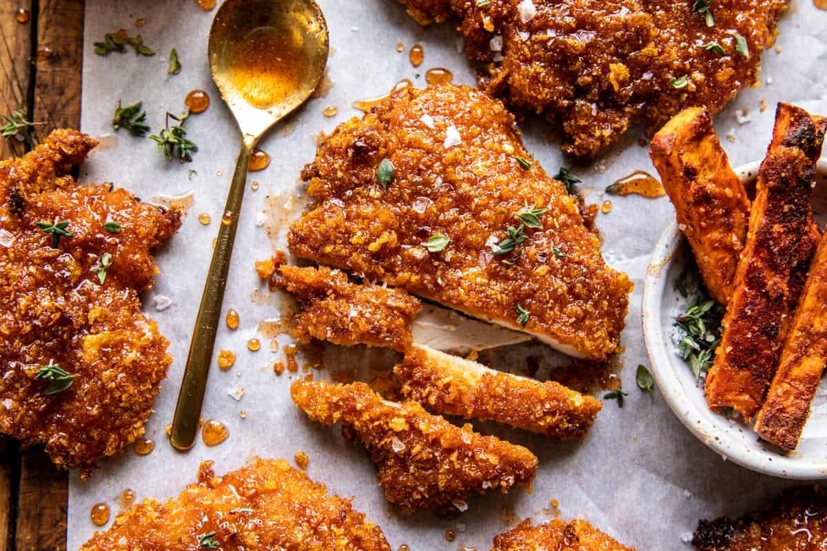 Baked Crunchy Hot Honey Chicken with Cornflake Parmesan Crust