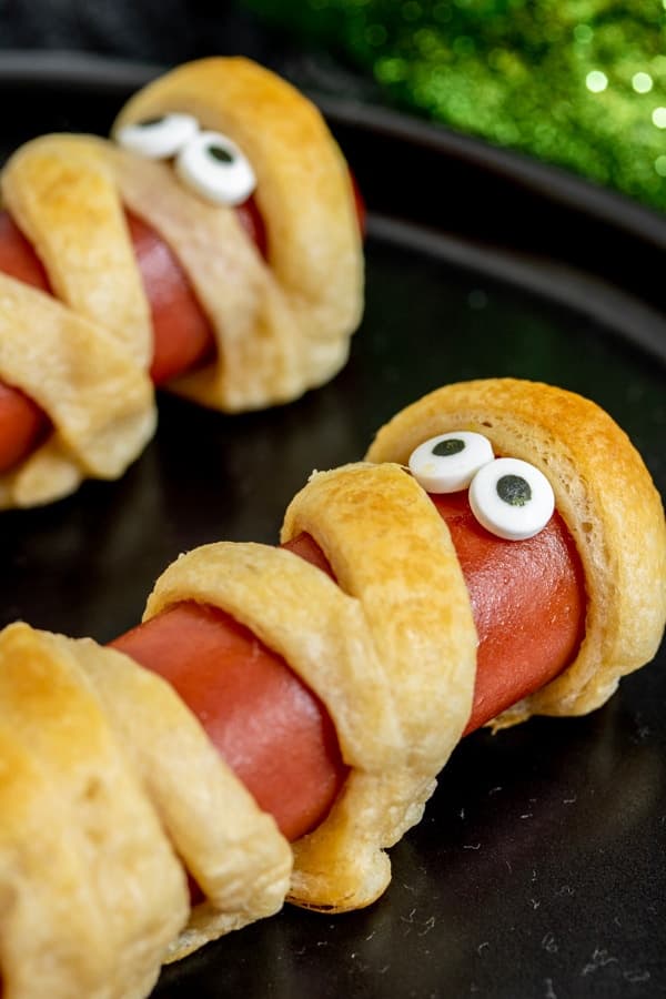 Mummy Hot Dogs with Golden Crescent Roll Bandages