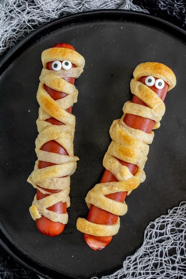 Mummy Hot Dogs with Golden Crescent Roll Bandages