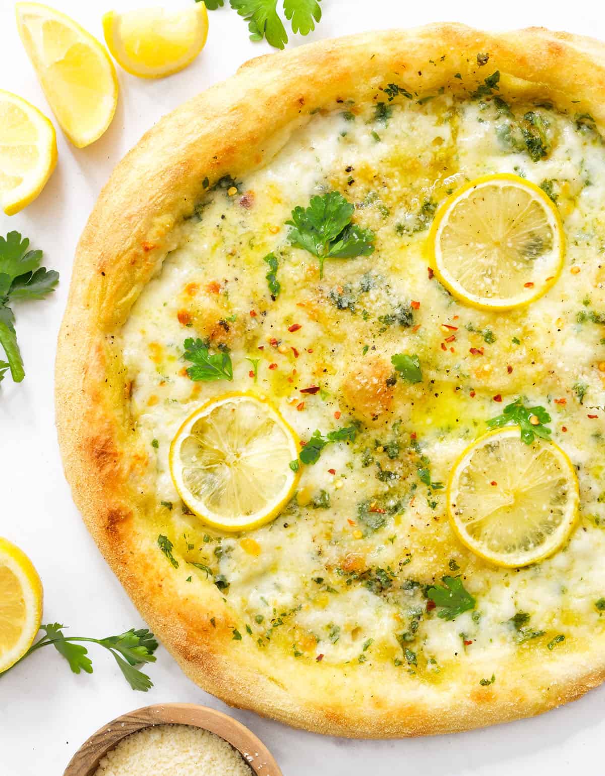 Lemon Pizza with Garlic Olive Oil Brine and Mozzarella