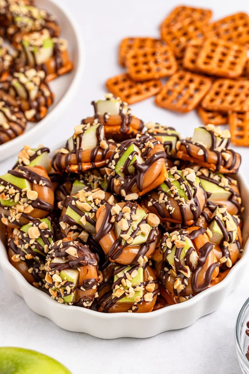 Caramel Apple Pretzel Bites with Tart Apples and Chocolate Drizzle