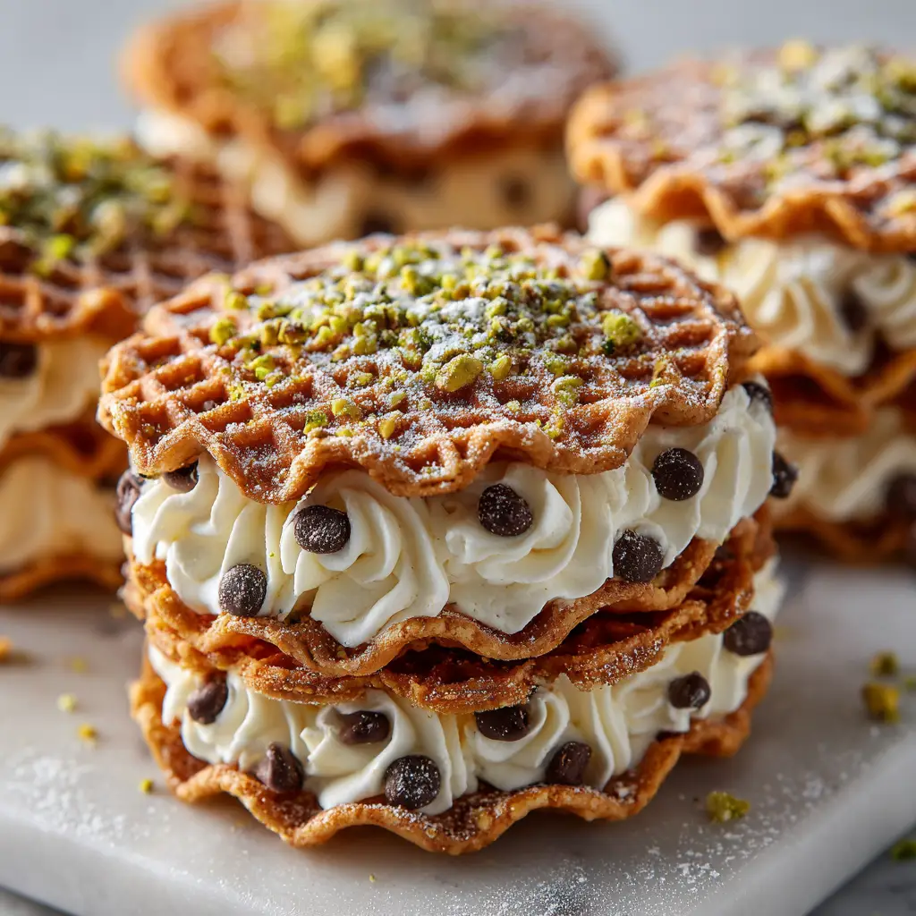 Chocolate Cannoli Pizzelle Sandwiches with Chocolate Chip Ricotta Filling