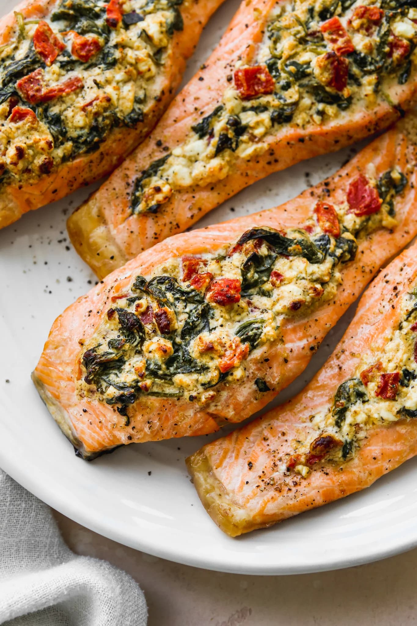 Stuffed Salmon With Spinach, Feta, and Roasted Red Peppers