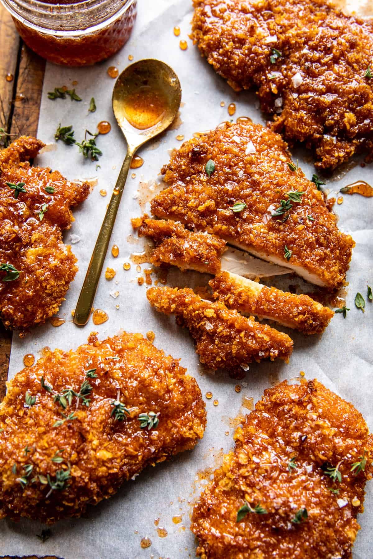 Baked Crunchy Hot Honey Chicken with Cornflake Parmesan Crust